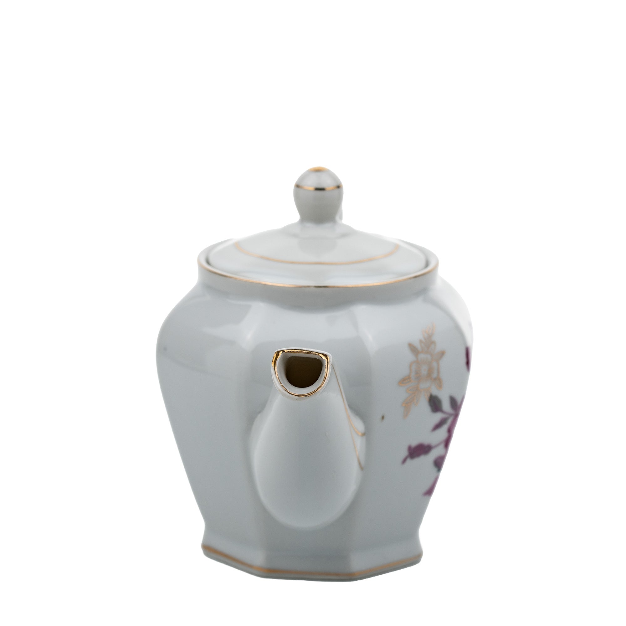 Octagonal Floral Porcelain Teapot - Gold Gilt Detail