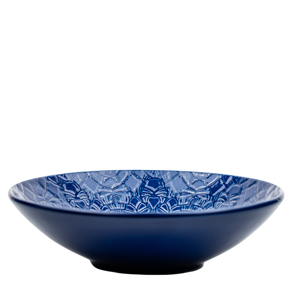 Beaver Farm Pottery Embossed Ceramic Bowl - Cobalt-Blue Floral Relief