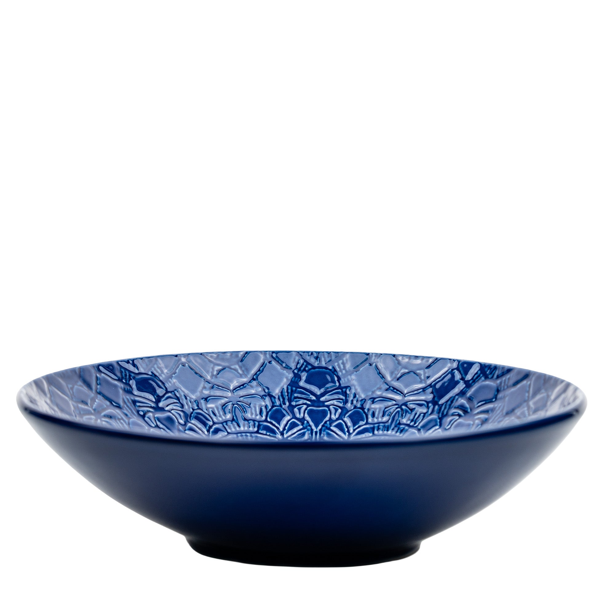 Beaver Farm Pottery Embossed Ceramic Bowl - Cobalt-Blue Floral Relief