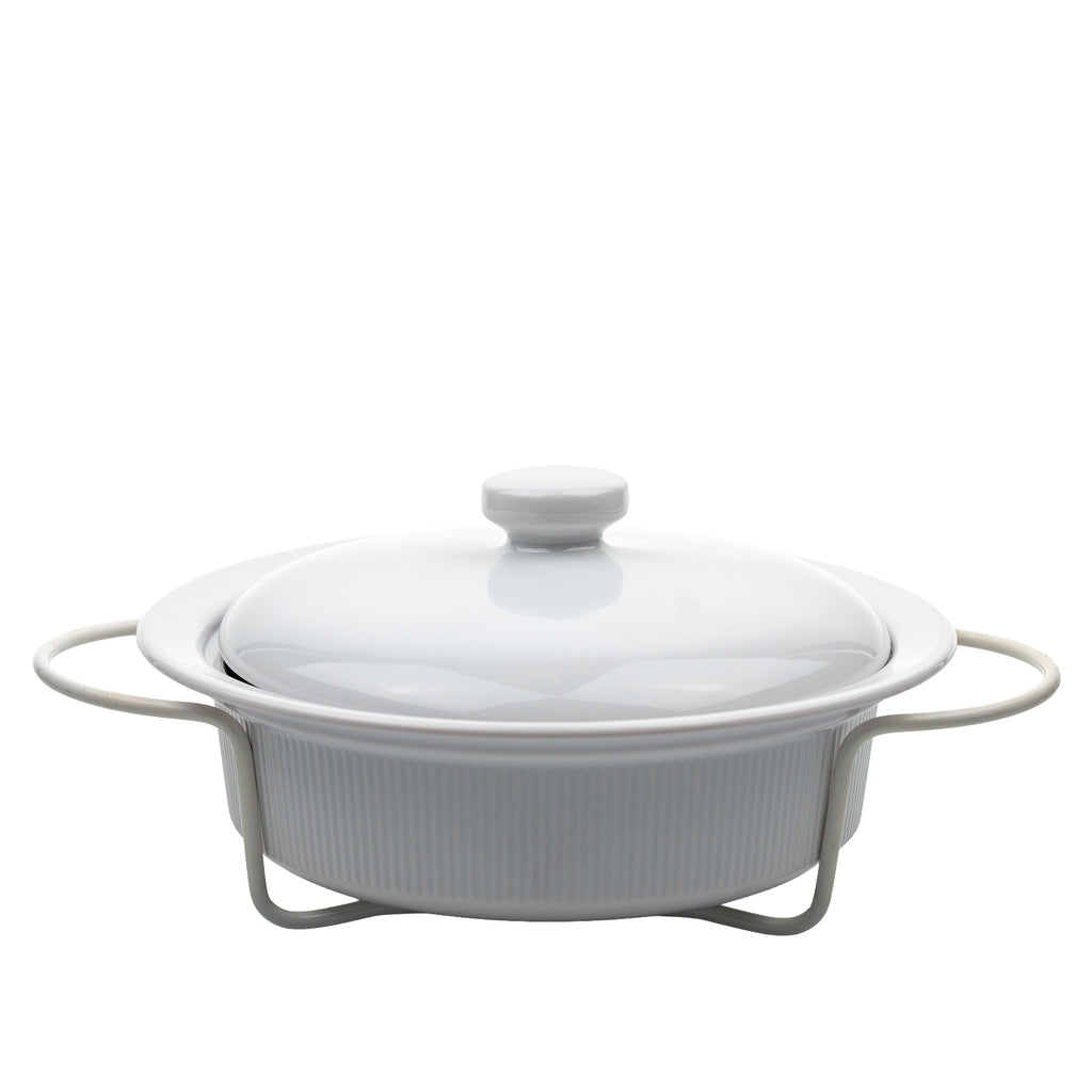 Round Stoneware Casserole Dish with Lid and Metal Rack - Glossy White