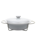 Round Stoneware Casserole Dish with Lid and Metal Rack - Glossy White
