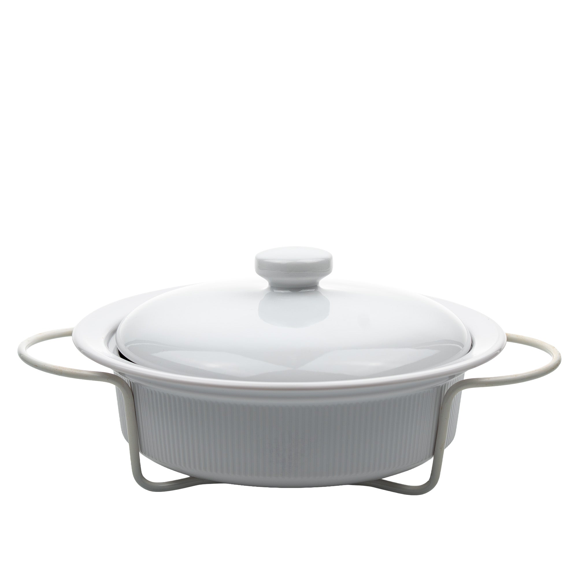 Round Stoneware Casserole Dish with Lid and Metal Rack - Glossy White