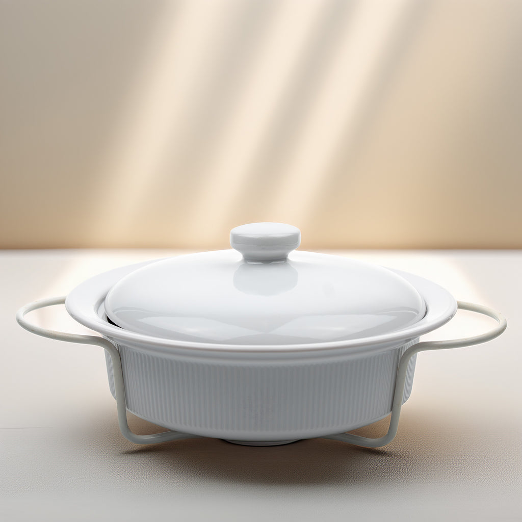 Round Stoneware Casserole Dish with Lid and Metal Rack - Glossy White