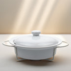 Round Stoneware Casserole Dish with Lid and Metal Rack - Glossy White