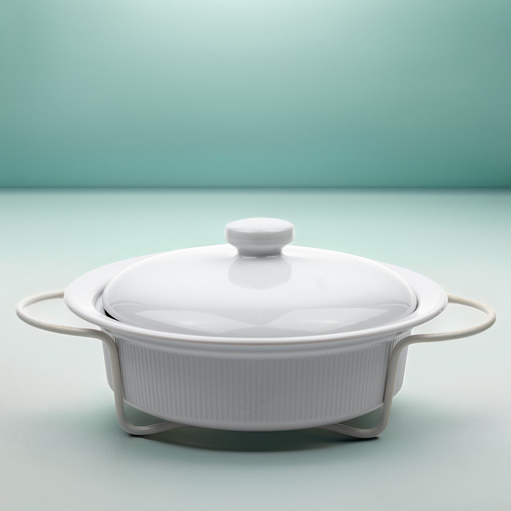 Round Stoneware Casserole Dish with Lid and Metal Rack - Glossy White