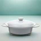 Round Stoneware Casserole Dish with Lid and Metal Rack - Glossy White