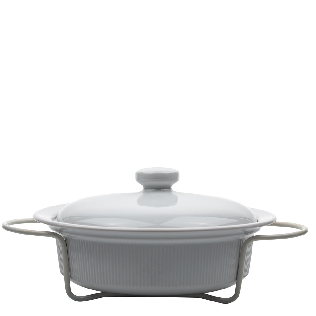 Round Stoneware Casserole Dish with Lid and Metal Rack - Glossy White