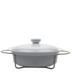 Round Stoneware Casserole Dish with Lid and Metal Rack - Glossy White