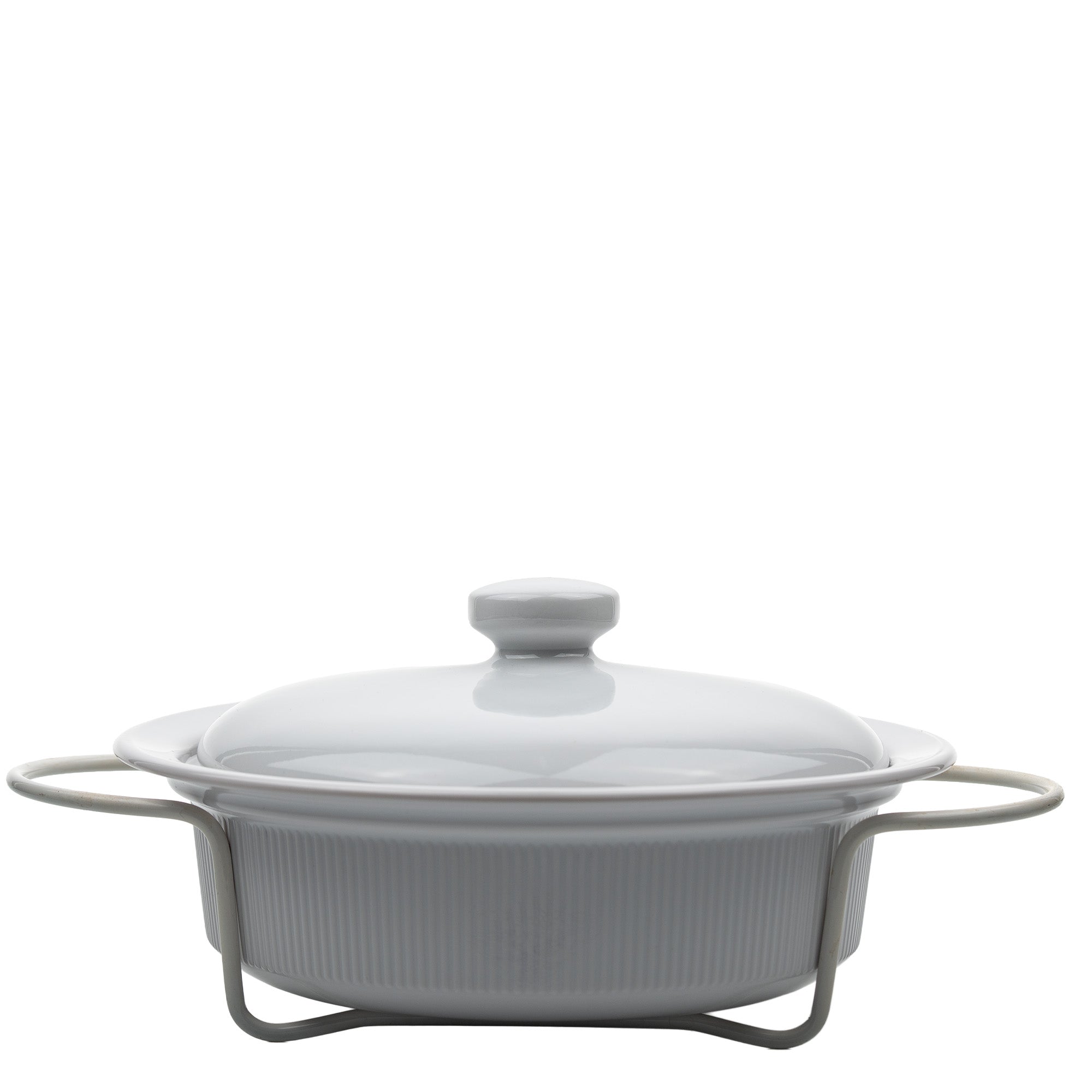 Round Stoneware Casserole Dish with Lid and Metal Rack - Glossy White