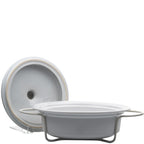 Round Stoneware Casserole Dish with Lid and Metal Rack - Glossy White