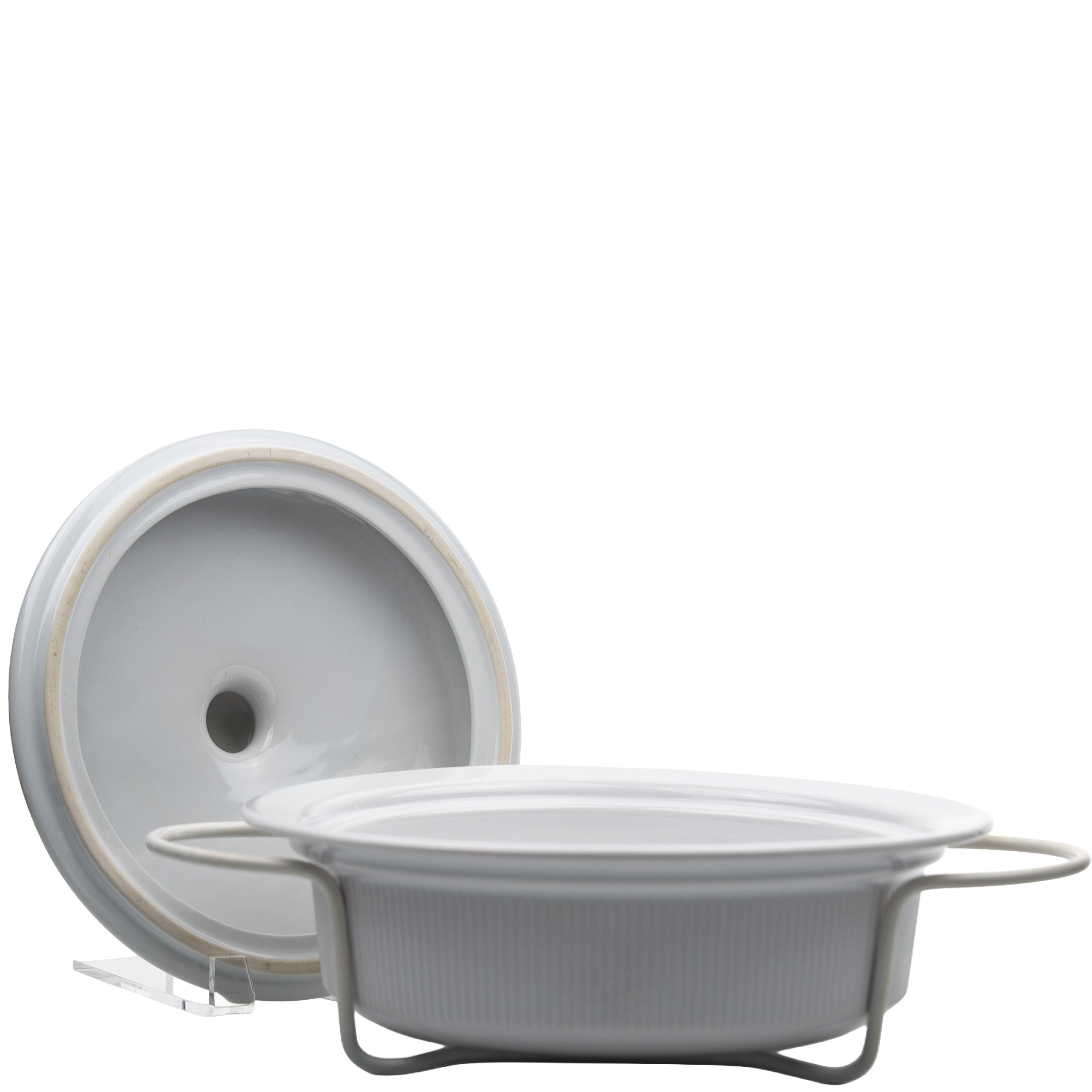Round Stoneware Casserole Dish with Lid and Metal Rack - Glossy White