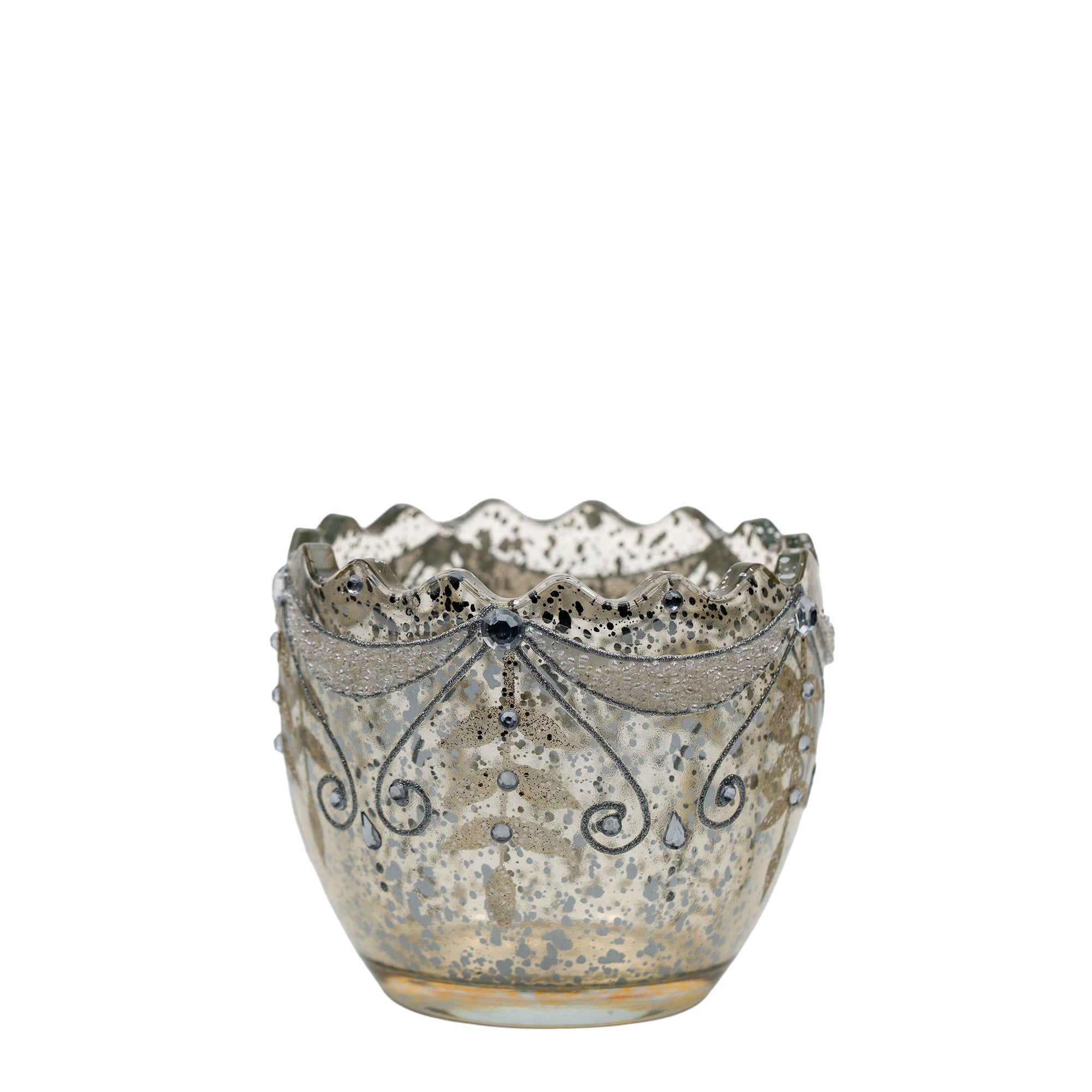 Mercury Glass Votive With Scalloped Rim - Rhinestone & Glitter Accents