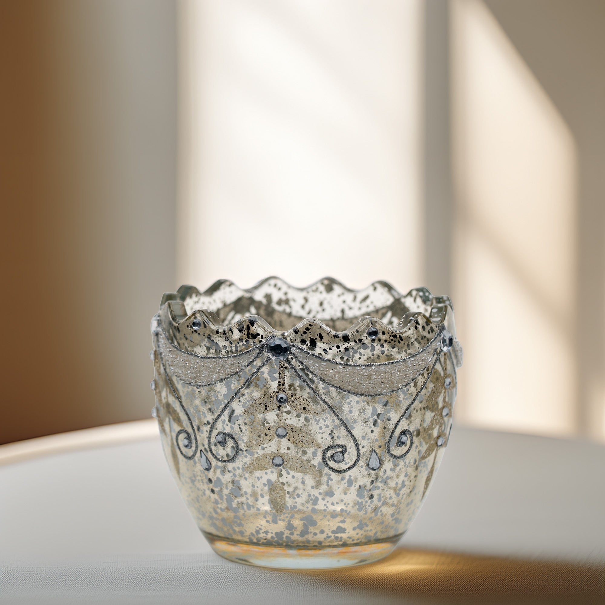 Mercury Glass Votive With Scalloped Rim - Rhinestone & Glitter Accents