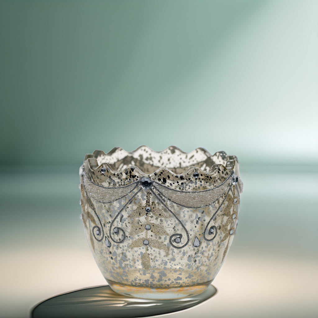 Mercury Glass Votive With Scalloped Rim - Rhinestone & Glitter Accents