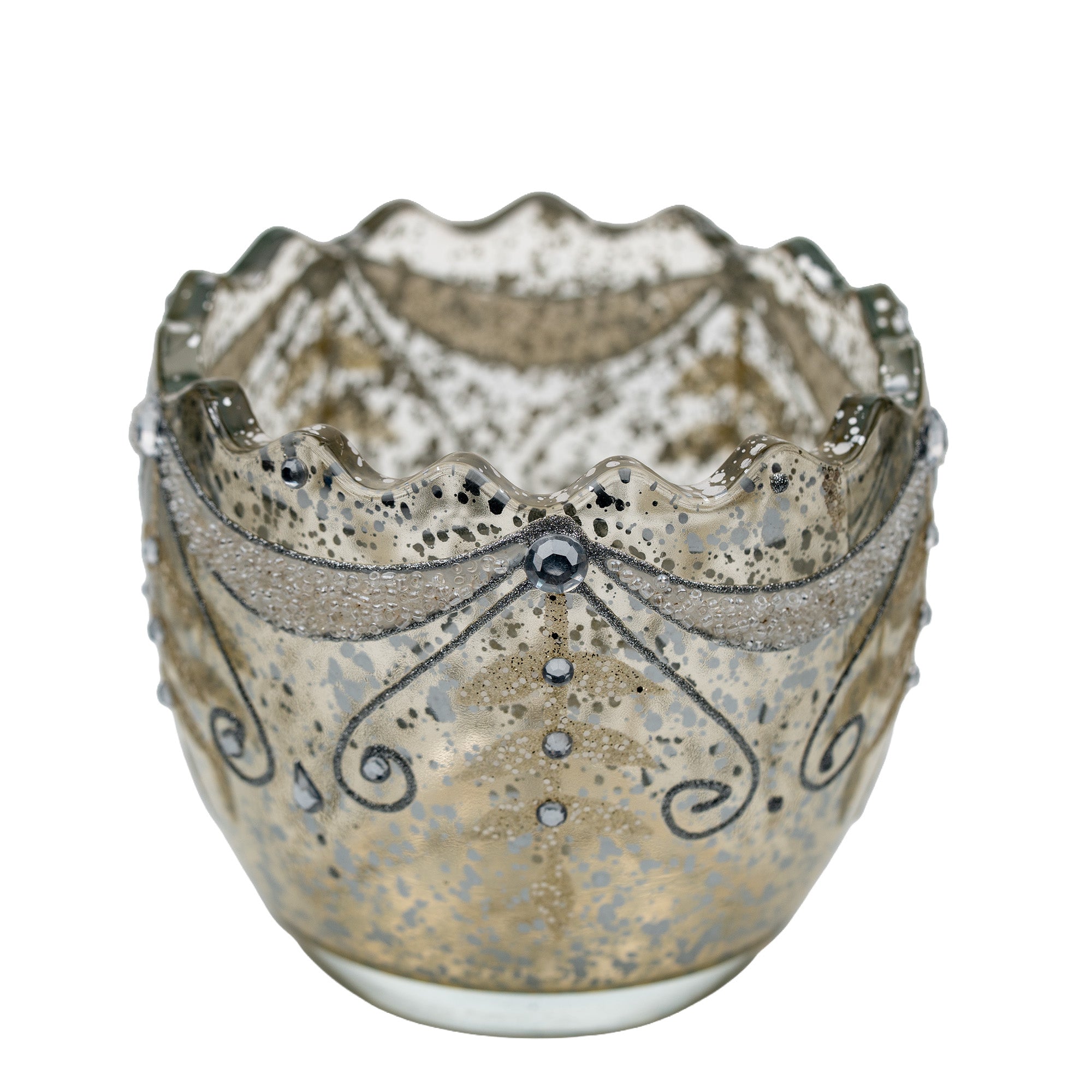 Mercury Glass Votive With Scalloped Rim - Rhinestone & Glitter Accents