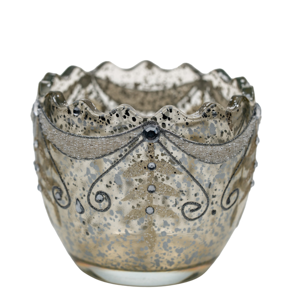 Mercury Glass Votive With Scalloped Rim - Rhinestone & Glitter Accents
