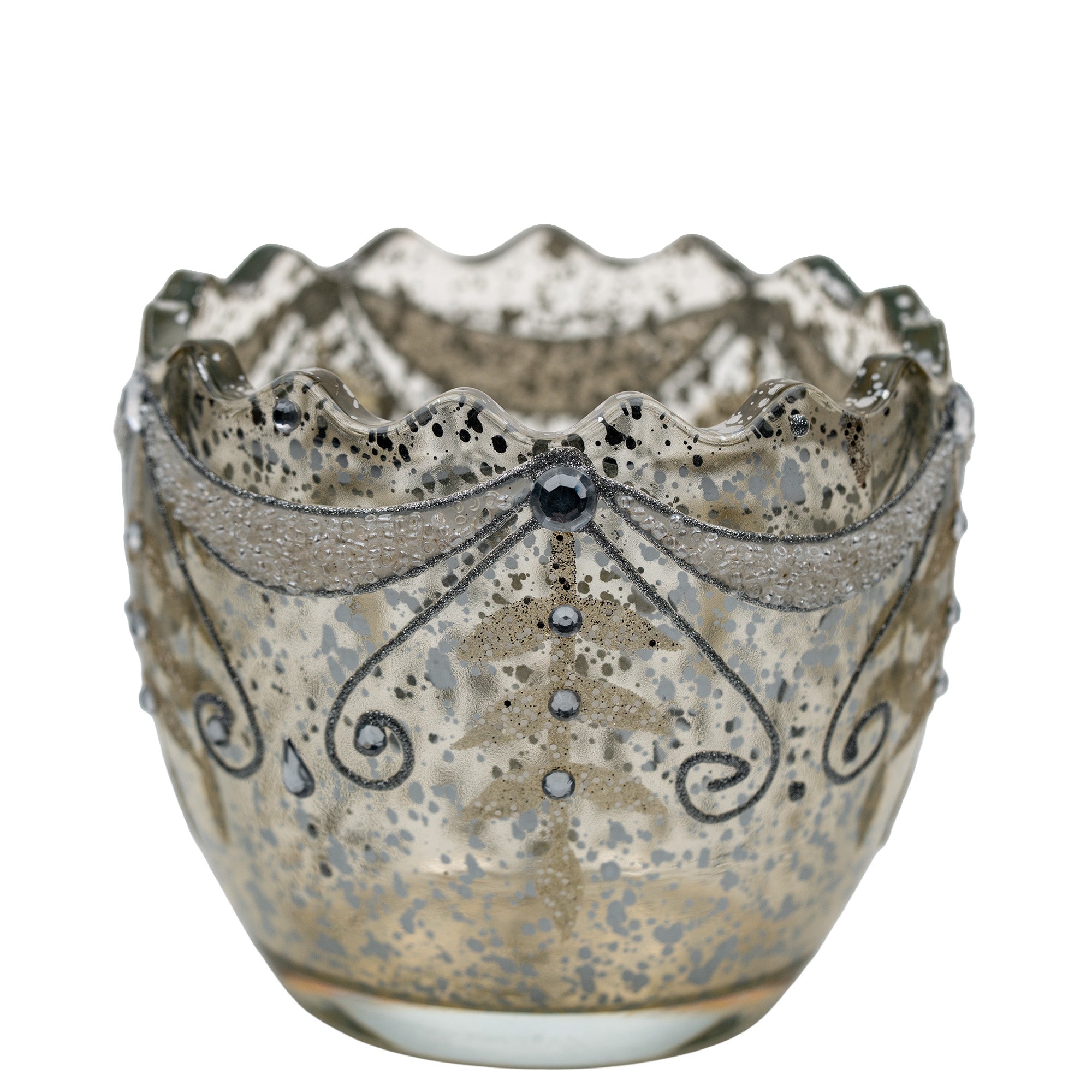 Mercury Glass Votive With Scalloped Rim - Rhinestone & Glitter Accents