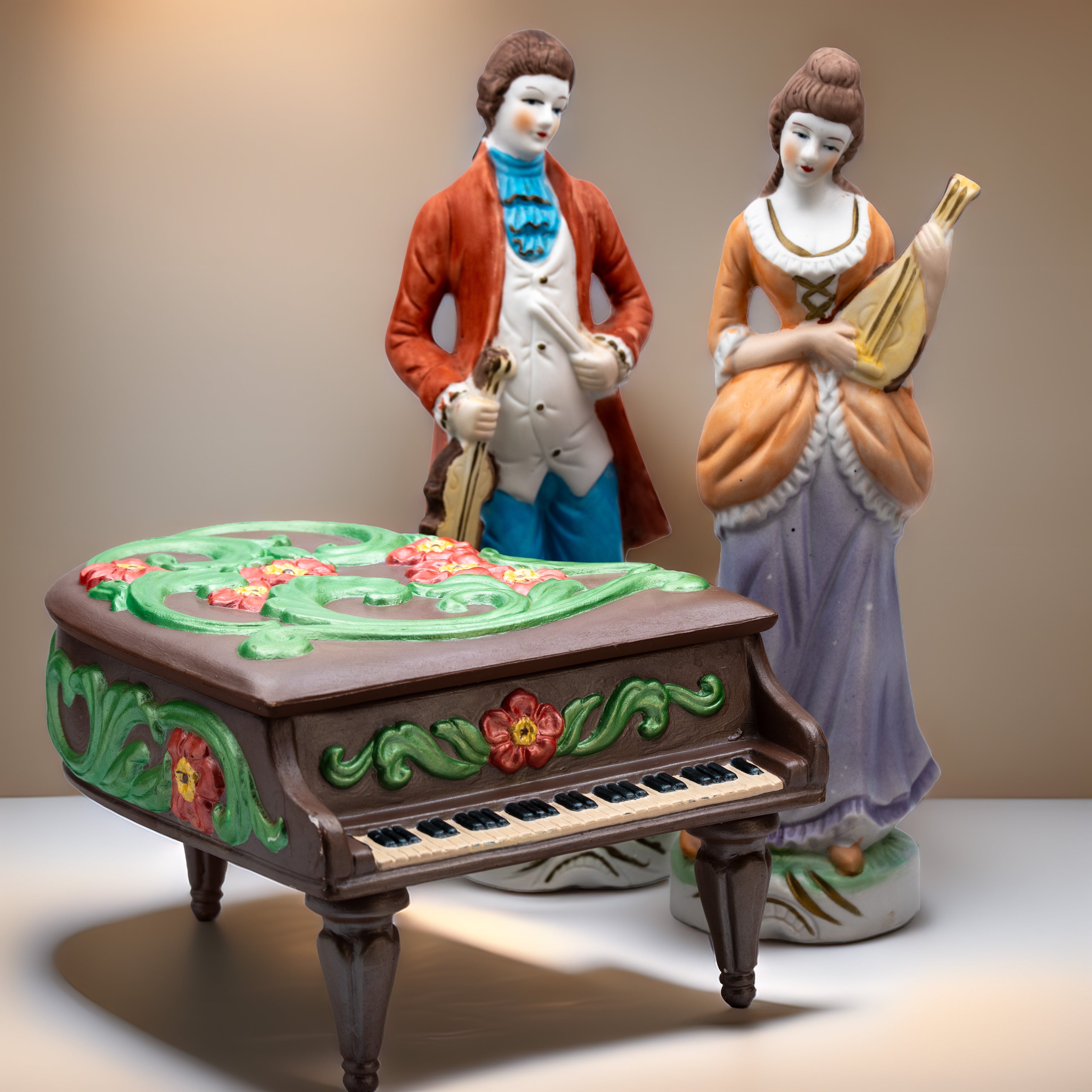 Grand Piano Music Box & Bisque Musician Figurines Bundle