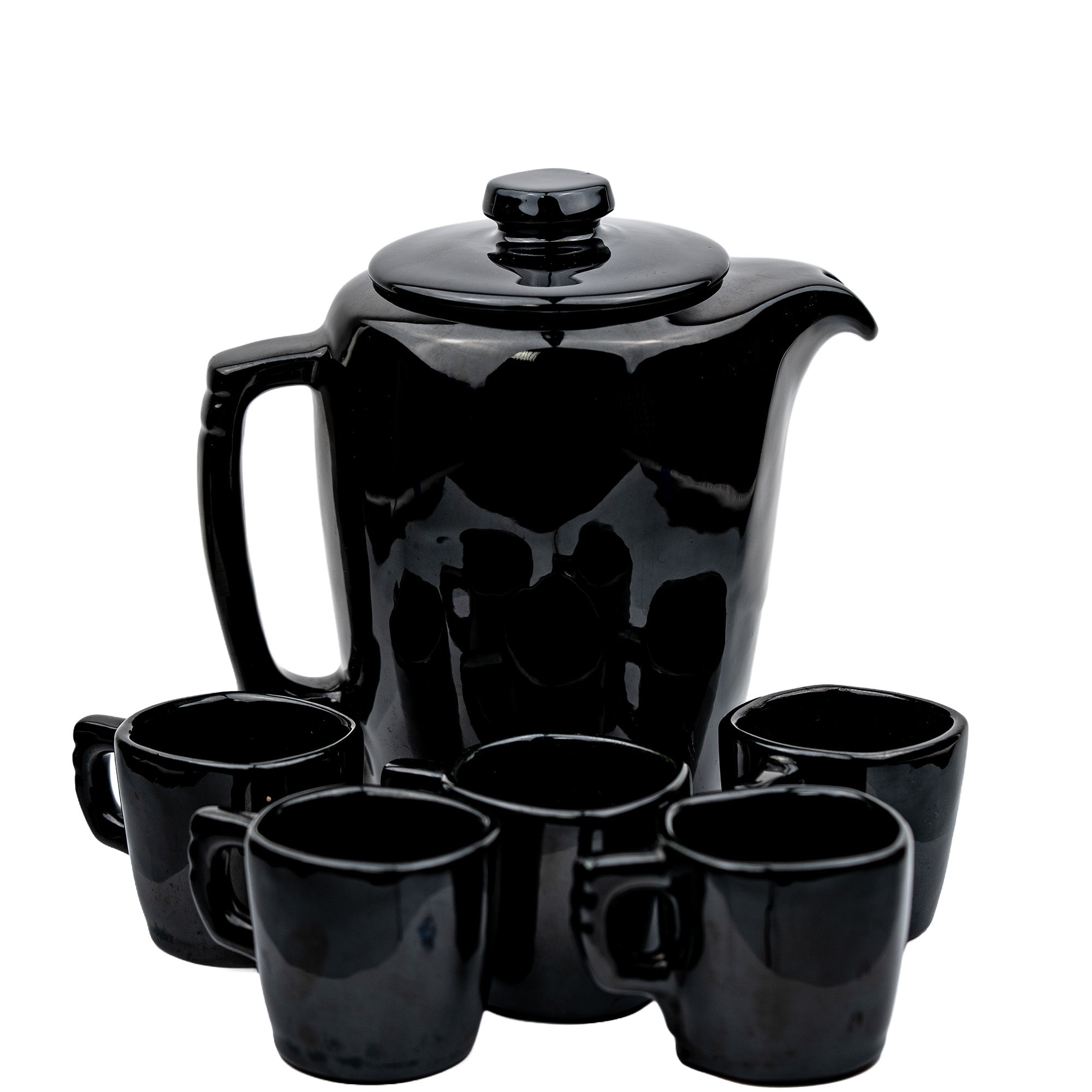 Frankoma Black Gloss Teapot Set – Sculptural Mid‑Century Accent