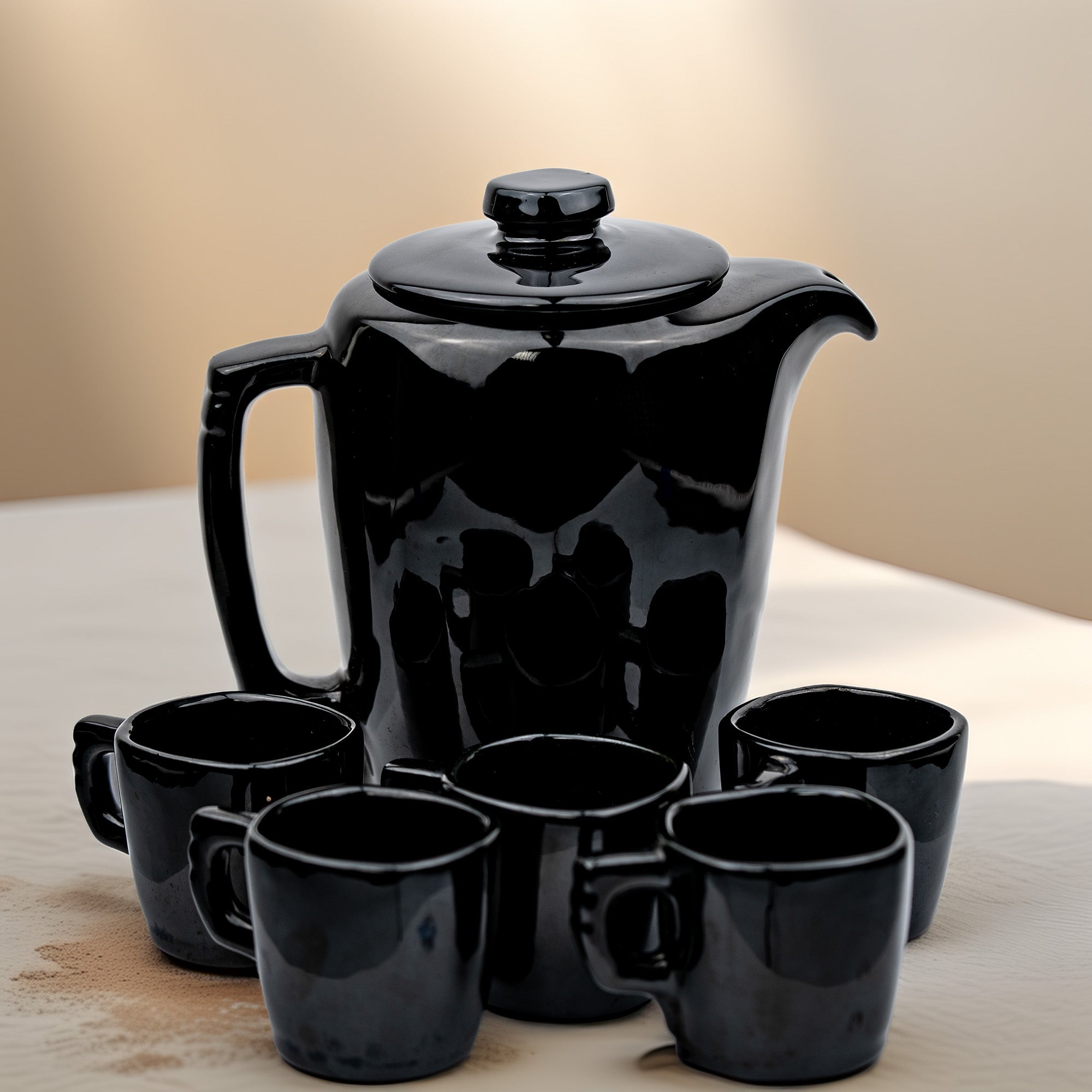 Frankoma Black Gloss Teapot Set – Sculptural Mid‑Century Accent