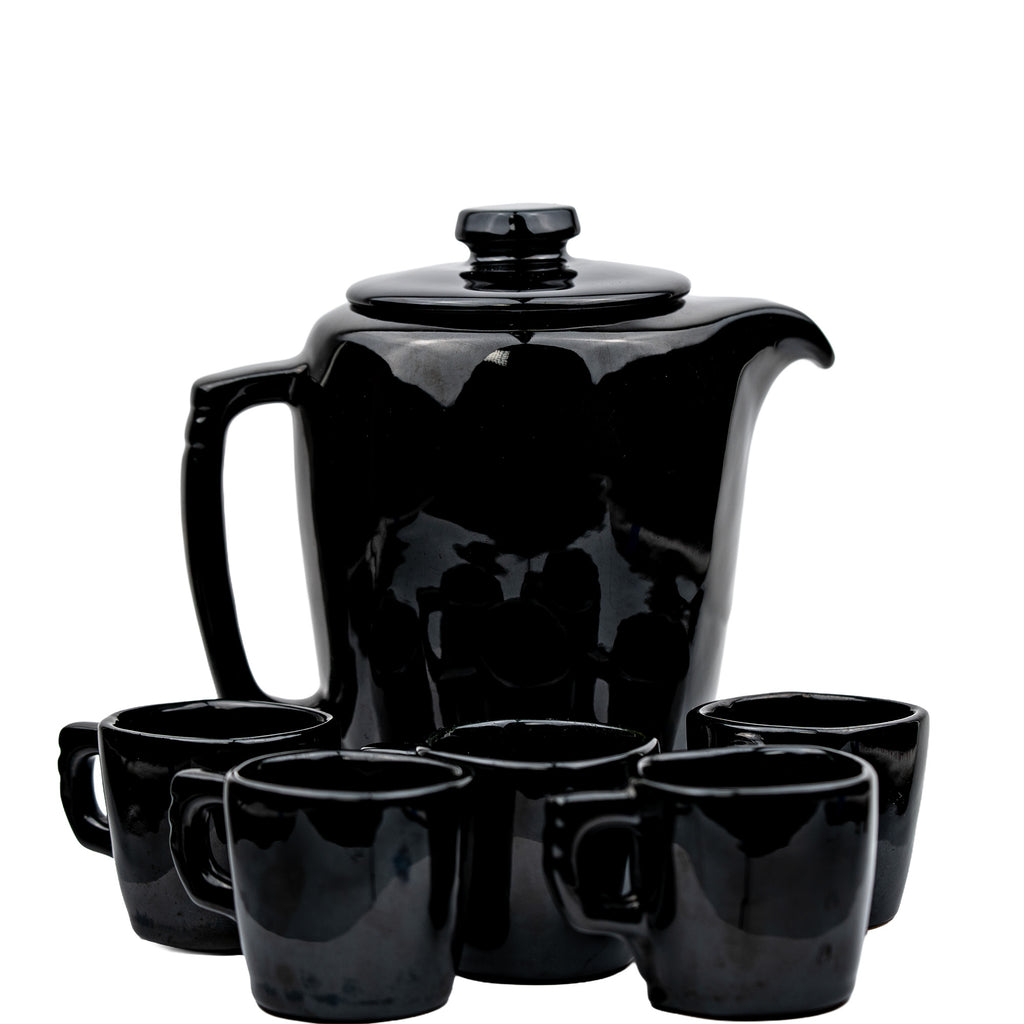 Frankoma Black Gloss Teapot Set – Sculptural Mid‑Century Accent