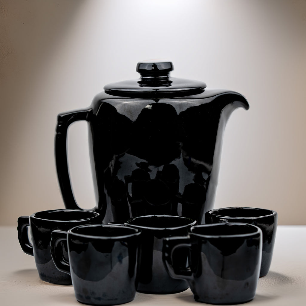 Frankoma Black Gloss Teapot Set – Sculptural Mid‑Century Accent