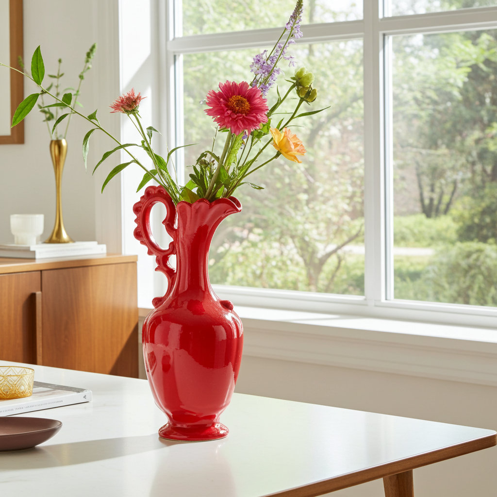 Handmade Ceramic Ewer - Glossy Red Glaze