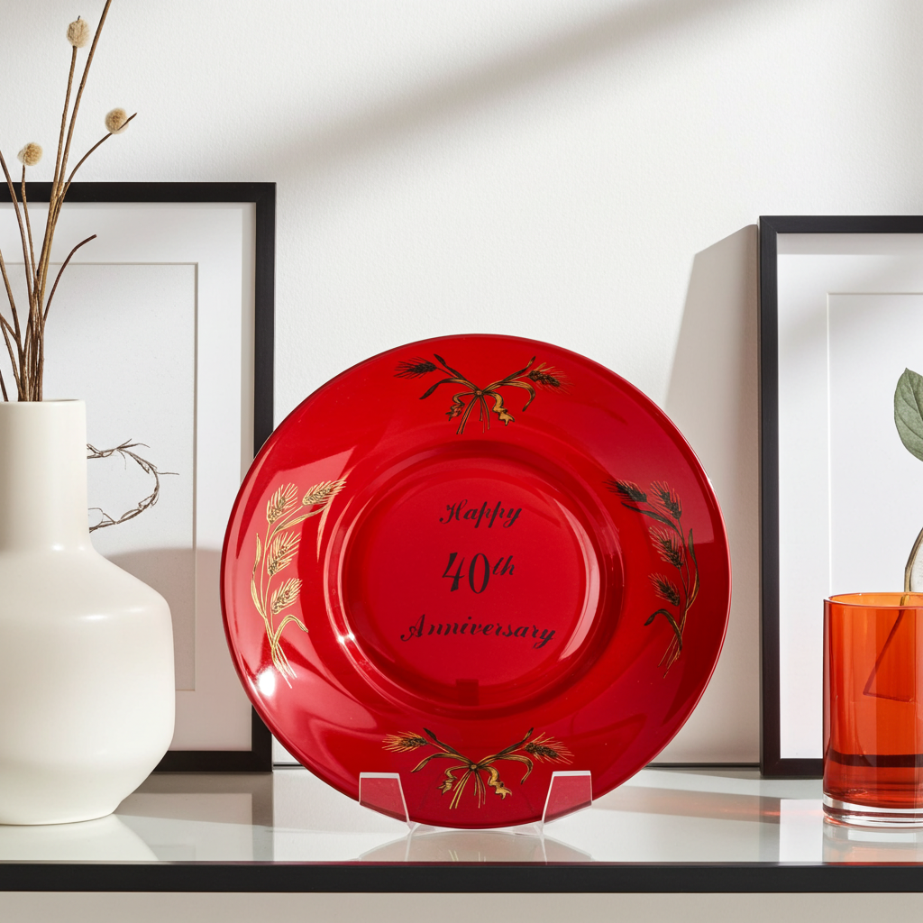 Viking Glass Ruby Red 40th Anniversary Plate with Gold Floral Motif