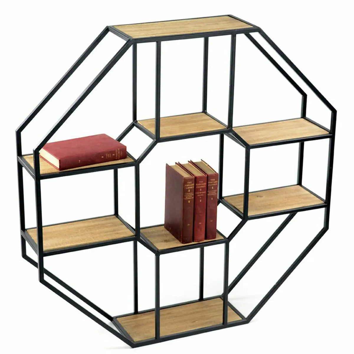 Hexagonal Display Shelves - Iron Frame and Eight Solid Wood Shelves