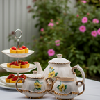 Porcelain Tea Set by Belle Monez – 1963 Scalloped Floral Trio