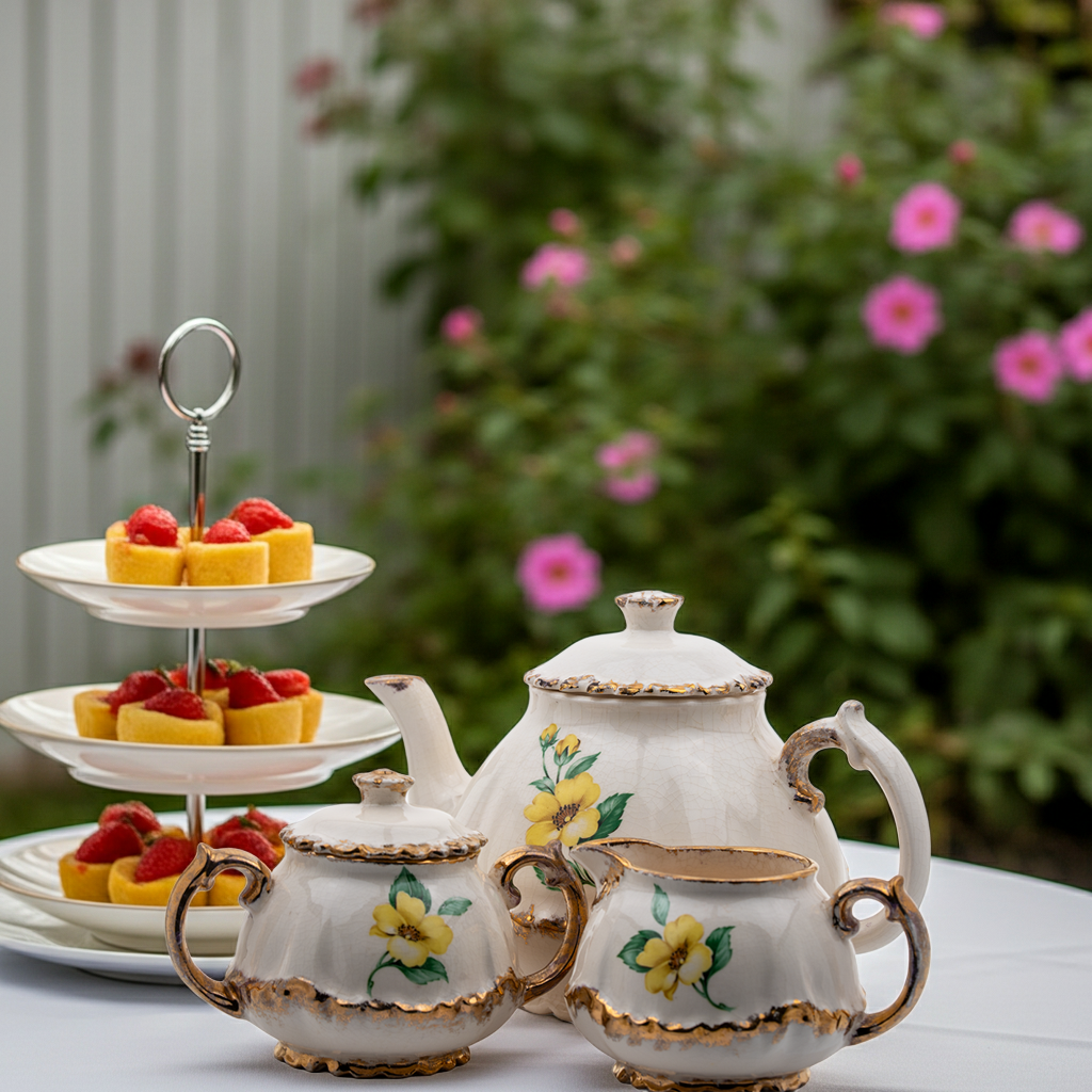 Porcelain Tea Set by Belle Monez – 1963 Scalloped Floral Trio