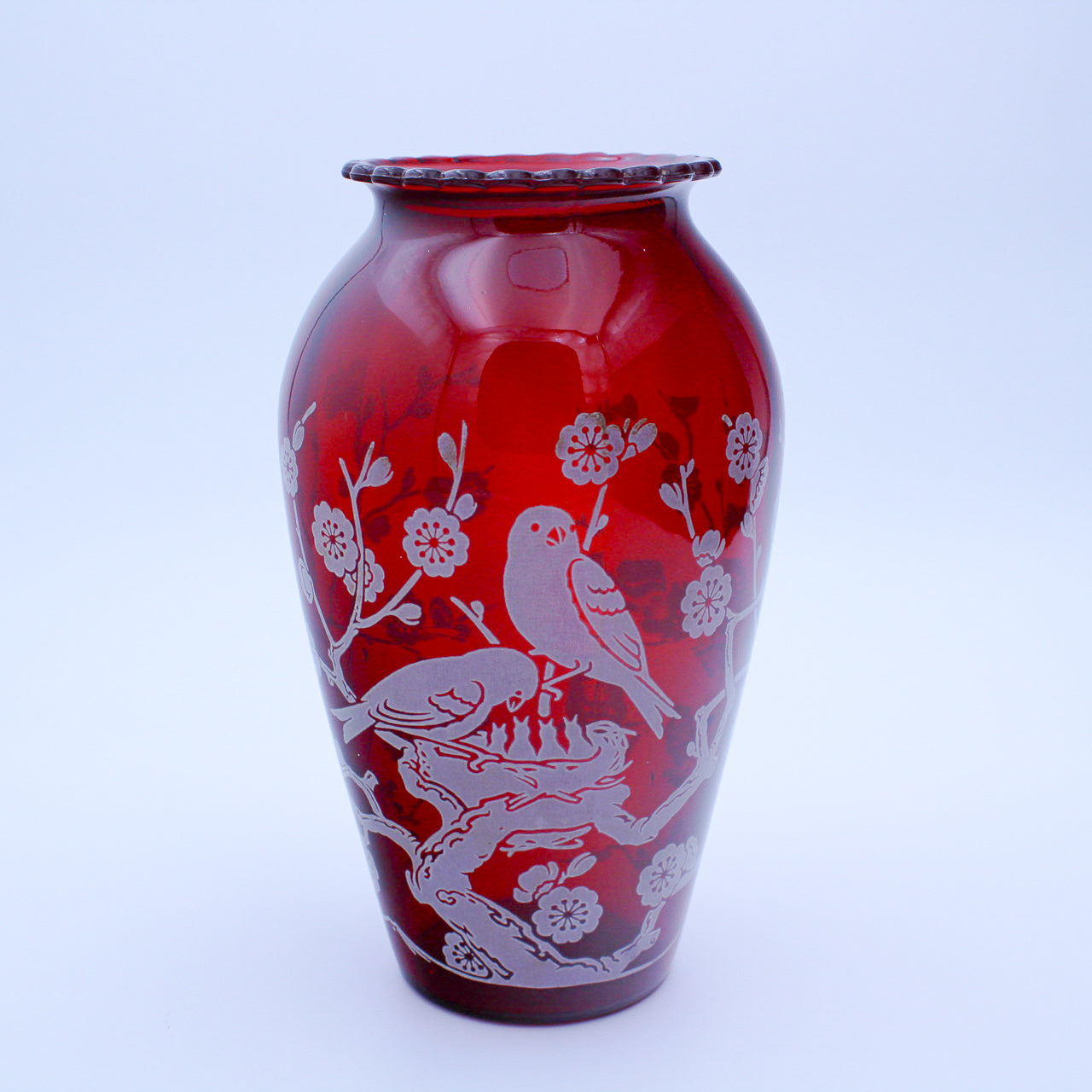 Anchor Hocking Royal Ruby Vase with Etched Bird & Blossom — 9"