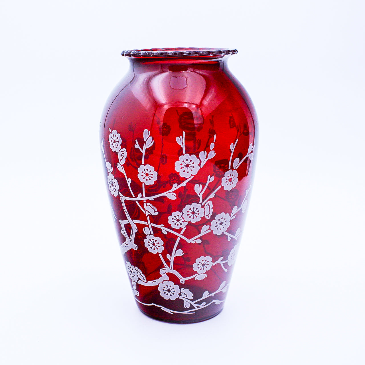Anchor Hocking Royal Ruby Vase with Etched Bird & Blossom — 9"