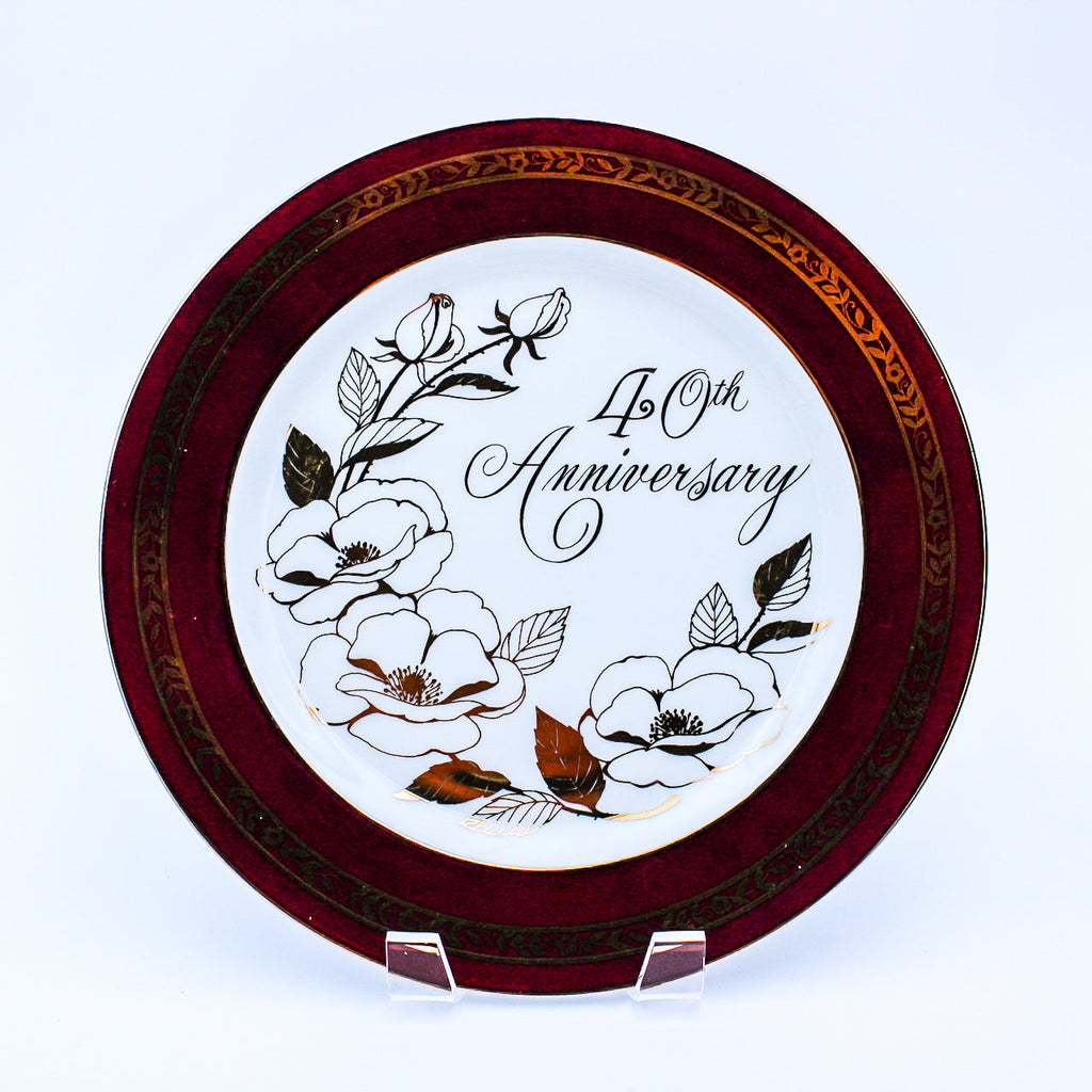 Porcelain 40th Anniversary Commemorative Plate — Ruby Border & Gold Roses