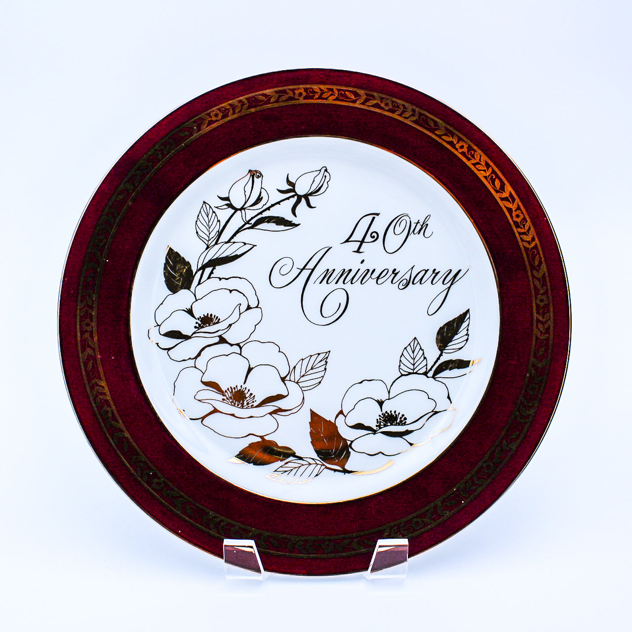 Porcelain 40th Anniversary Plate with Ruby Border & Gold Roses