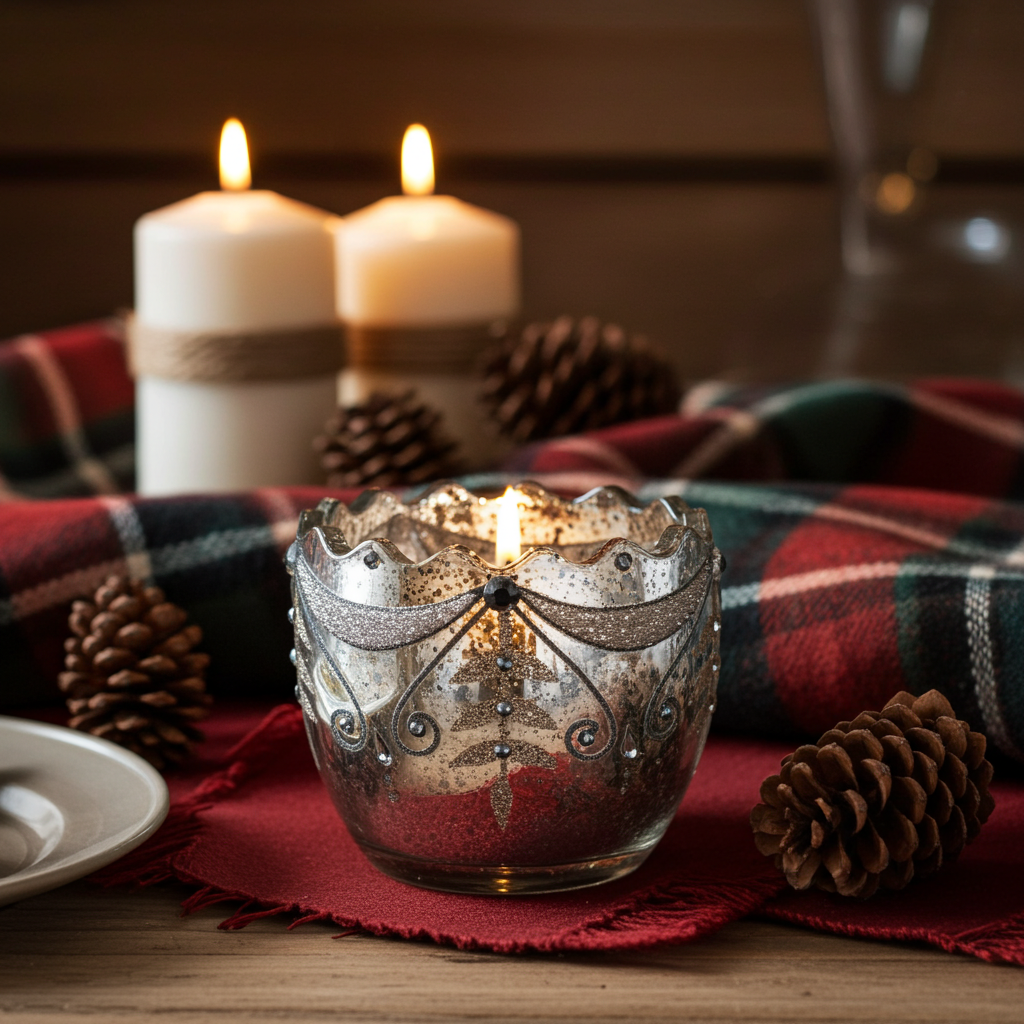 Mercury Glass Votive With Scalloped Rim - Rhinestone & Glitter Accents