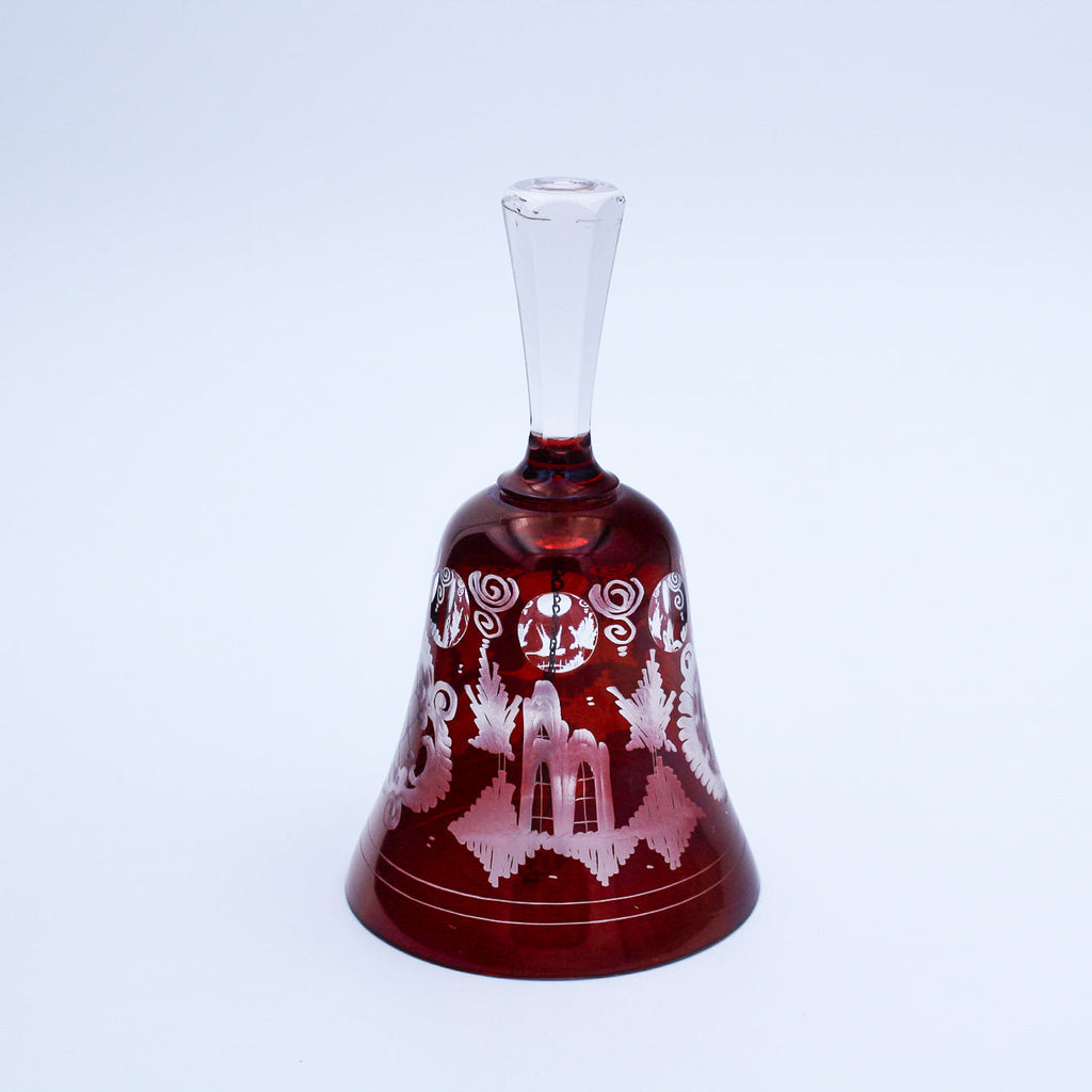 Bohemian Cut‑to‑Clear Ruby Red Glass Bell — Etched Bird, Castle, and Scroll Motifs