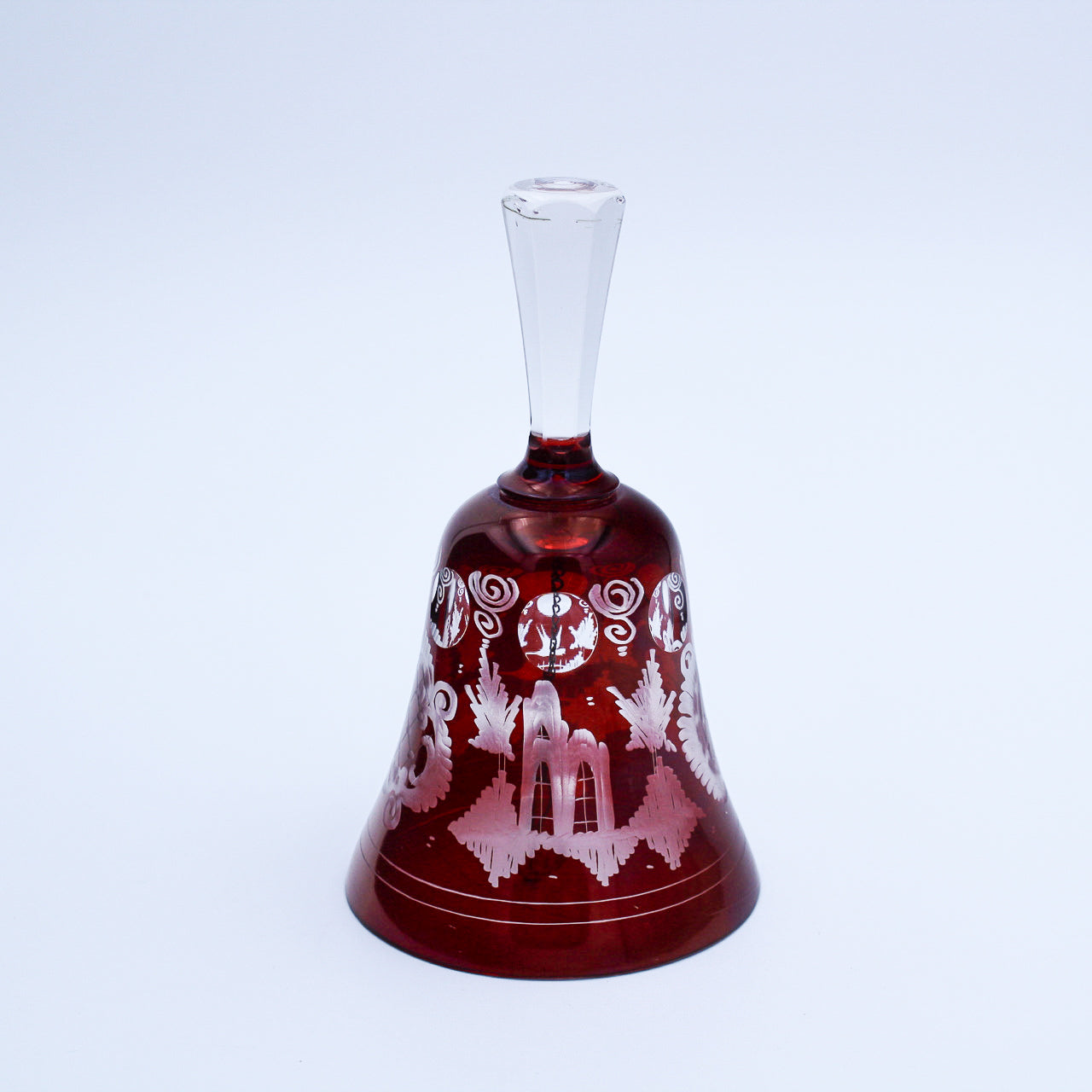Bohemian Cut‑to‑Clear Ruby Red Glass Bell — Etched Bird, Castle, and Scroll Motifs