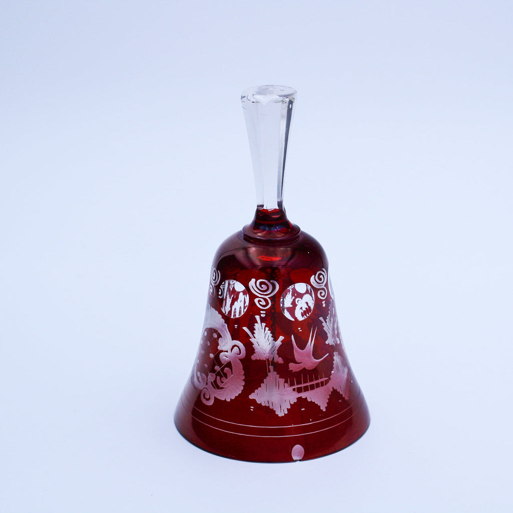 Bohemian Cut‑to‑Clear Ruby Red Glass Bell — Etched Bird, Castle, and Scroll Motifs