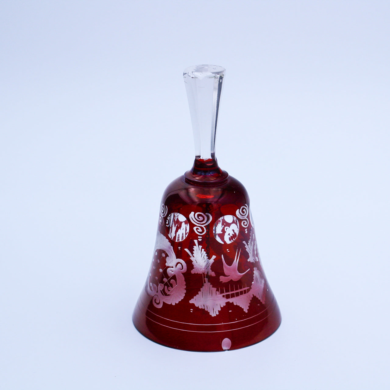 Bohemian Cut‑to‑Clear Ruby Red Glass Bell — Etched Bird, Castle, and Scroll Motifs