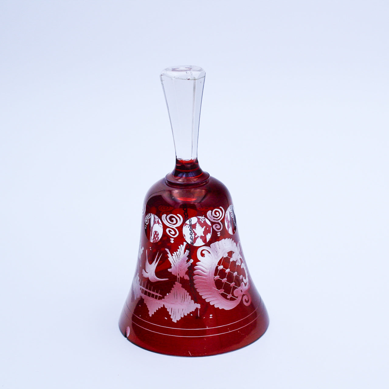 Bohemian Cut‑to‑Clear Ruby Red Glass Bell — Etched Bird, Castle, and Scroll Motifs