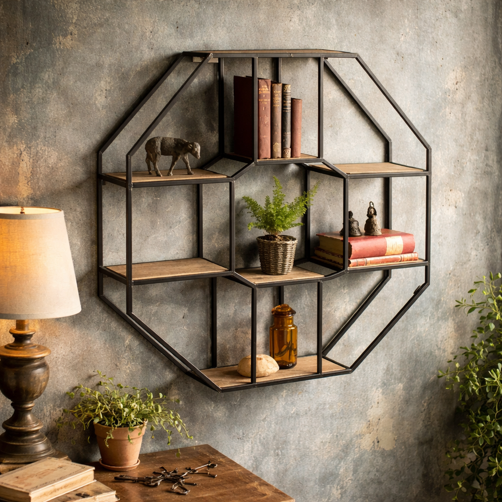 Hexagonal Display Shelves - Iron Frame and Eight Solid Wood Shelves