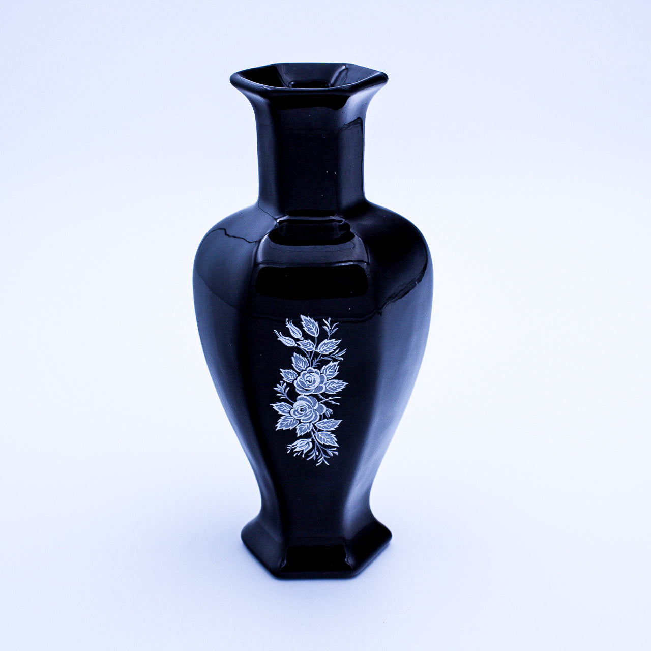 Black Amethyst Glass Vase with Enamel & Mother of Pearl Inlay — 7.75"