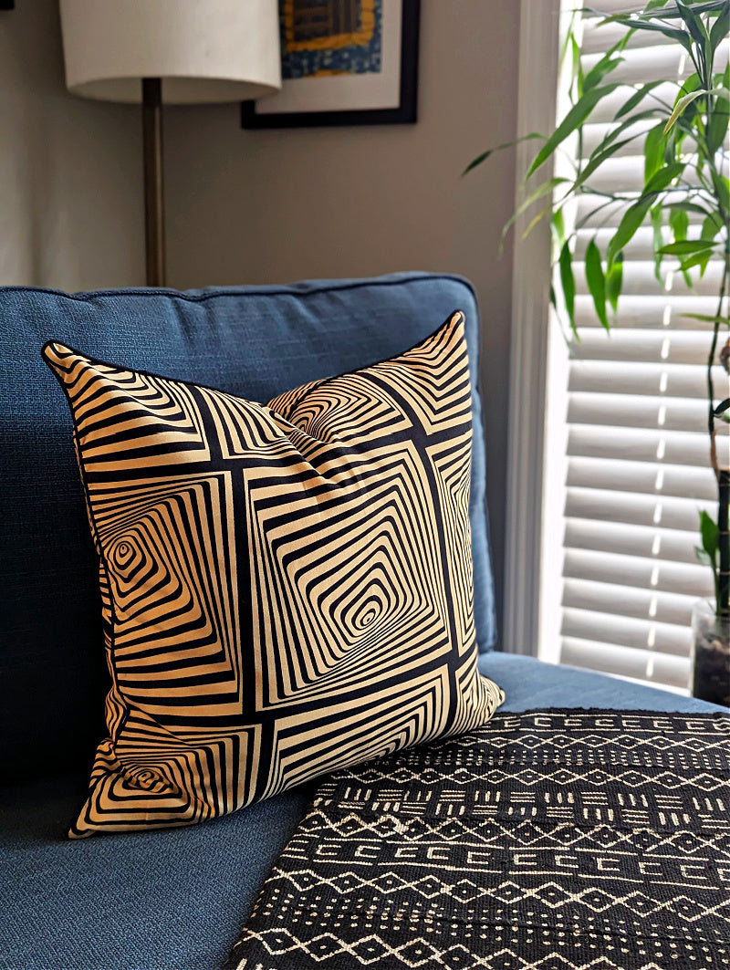 African Print Fabric Pillow Cover - Black Beige Abstract Pattern