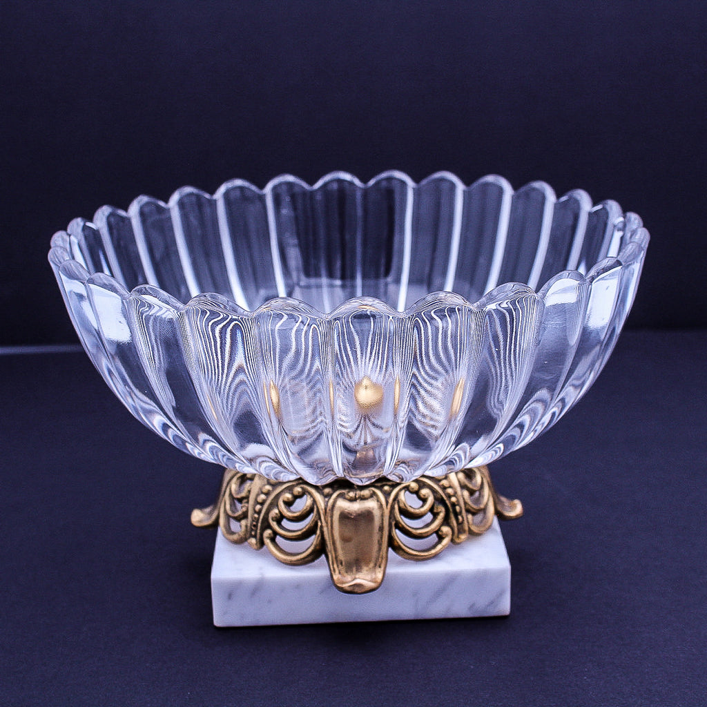 Ribbed Glass Centerpiece Bowl on Marble Base