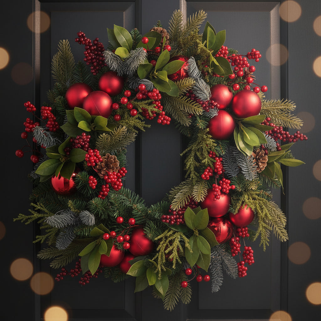 24-Inch Red Ornament Wreath - Berries & Pinecones