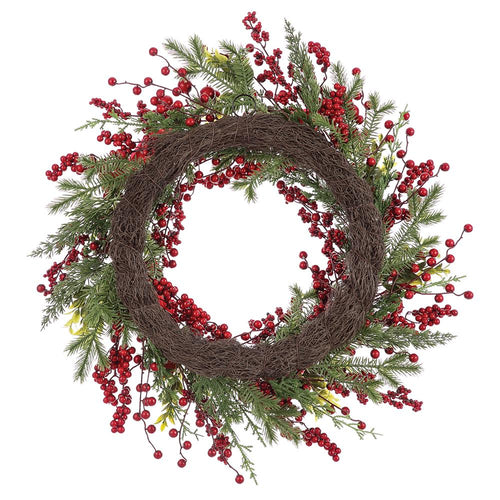 24" Pine Wreath - Red Cardinals and Berry Accents