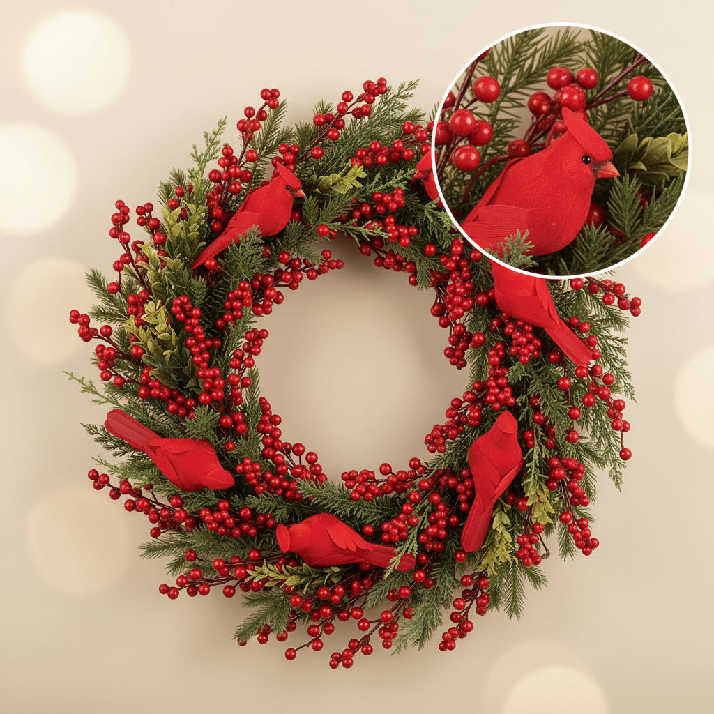 24" Pine Wreath - Red Cardinals and Berry Accents