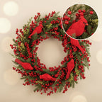 24" Pine Wreath - Red Cardinals and Berry Accents