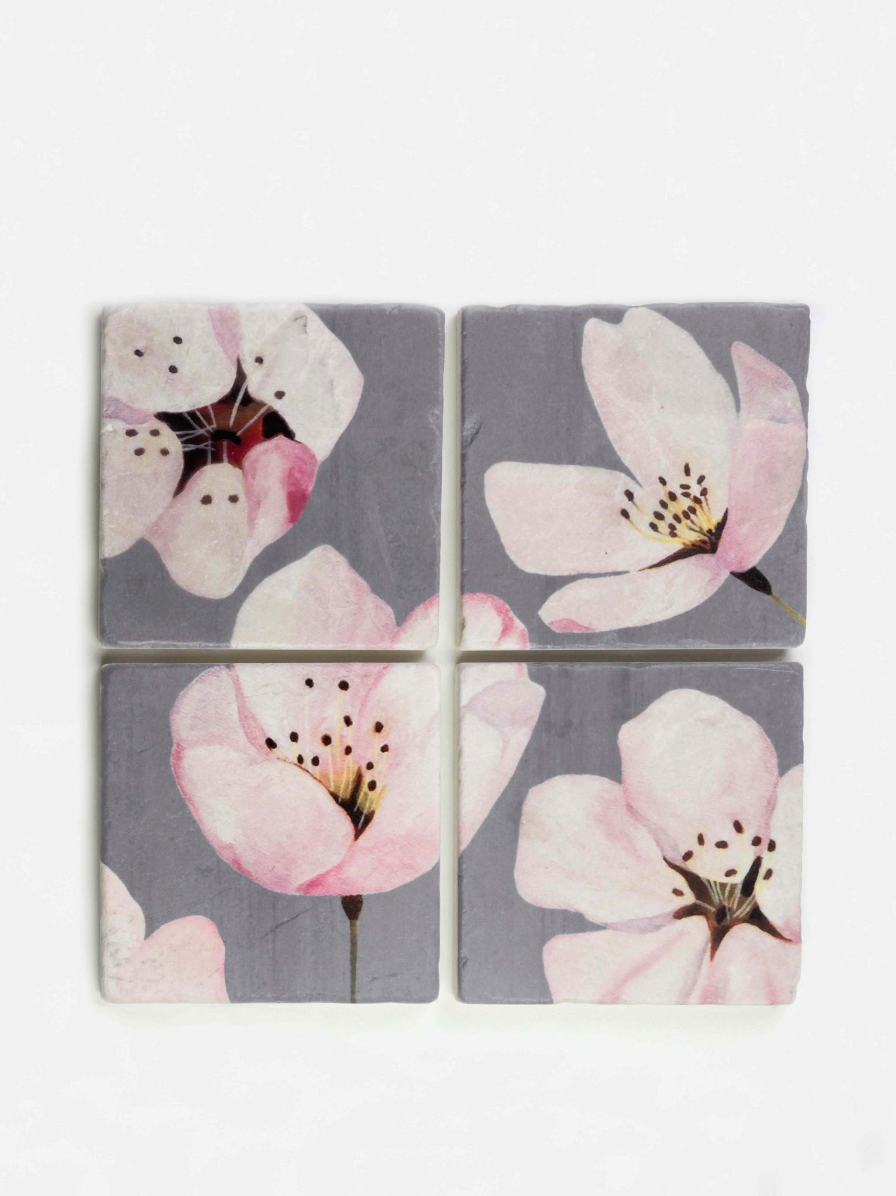 Coaster Set: Cherry Blossoms on Grey